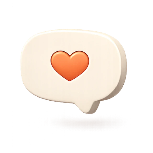Bulle de dialogue beige clair en 3D contenant un cœur orange vif. Représente un message positif, un avis favorable ou un "j'aime" sur le site trigger Luxembourg.