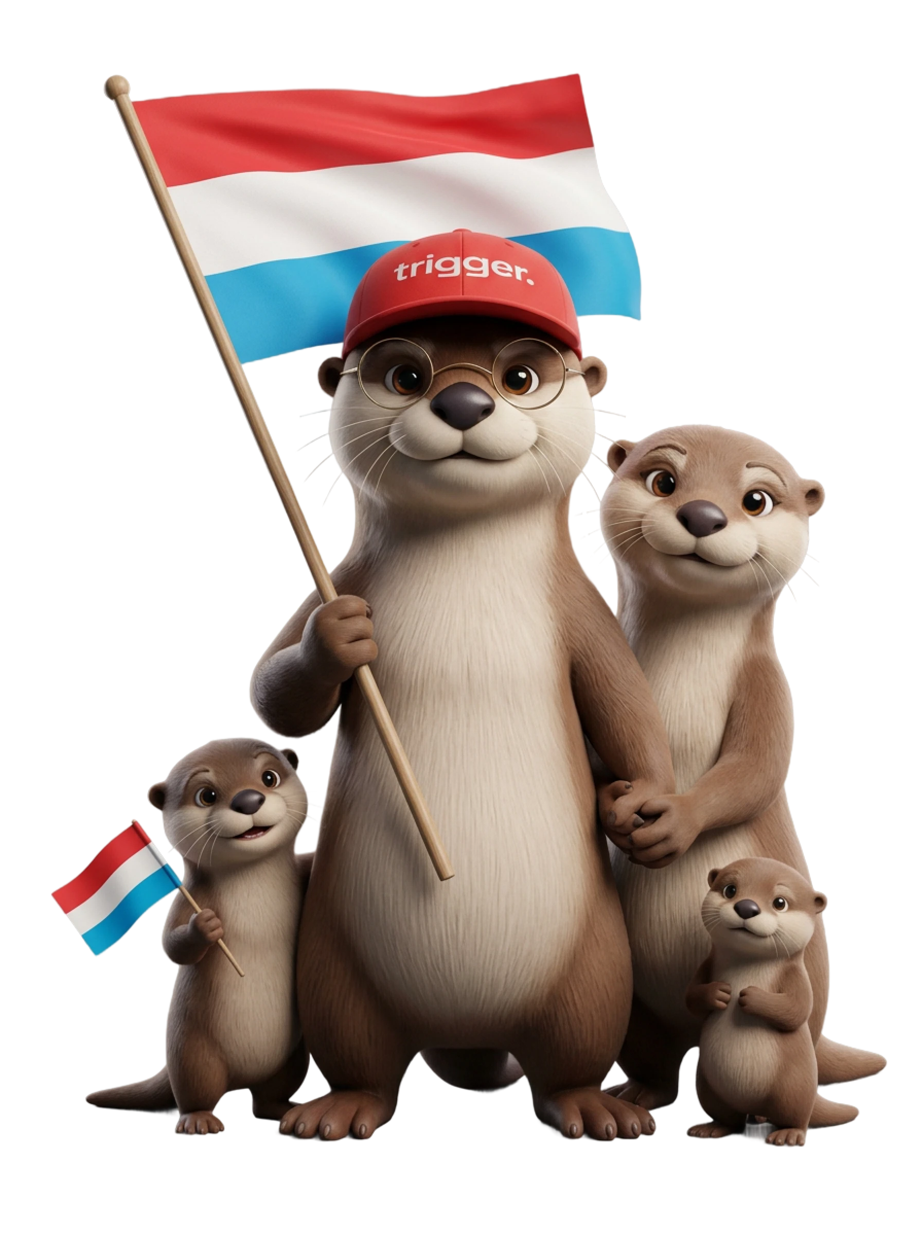 La loutre trigger, avec casquette rouge et lunettes, tient le drapeau du Luxembourg. Elle est entourée de sa famille de loutres, dont une petite tient un mini-drapeau.