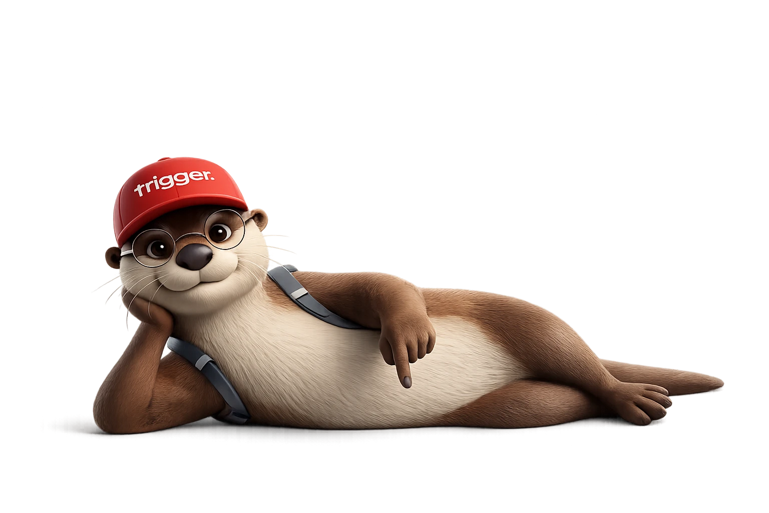 La loutre trigger, mascotte souriante avec casquette rouge "trigger" et lunettes, est couchée sur le ventre, pointant du doigt. Idéale pour le guide pratique Luxembourg.